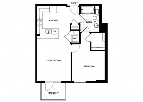 Floor plan for 1 bed, 1 bath, 748 sqft